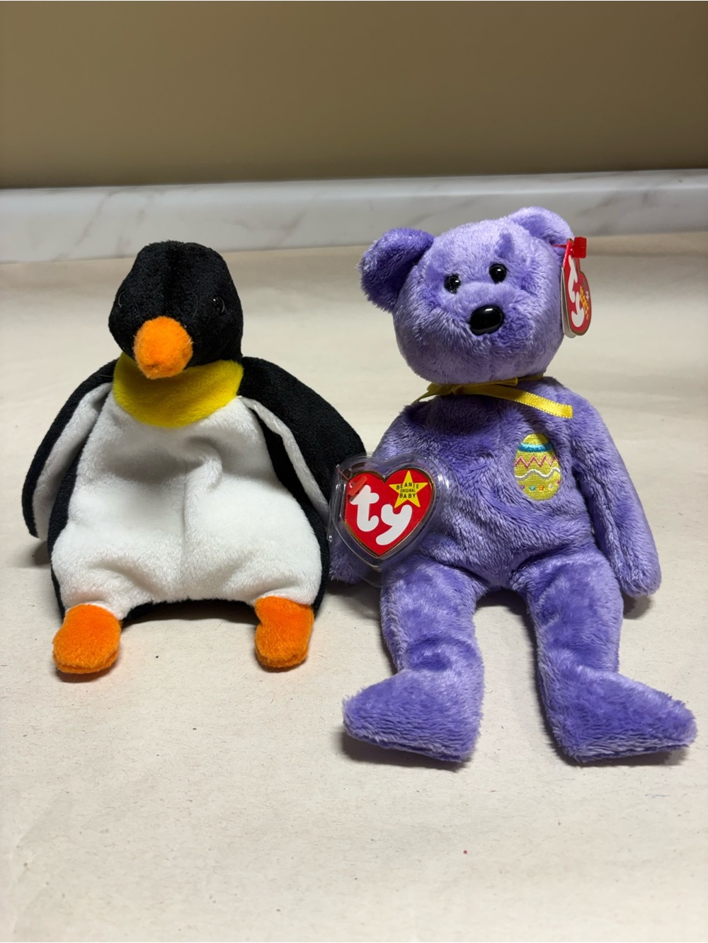 Ty Purple Bear Plush with Yellow Ribbon and Easter Egg Embroidery and Penguin